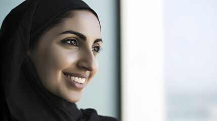 Young Arab businesswoman smiling with confidence, representing modern professionalism and self-assurance.