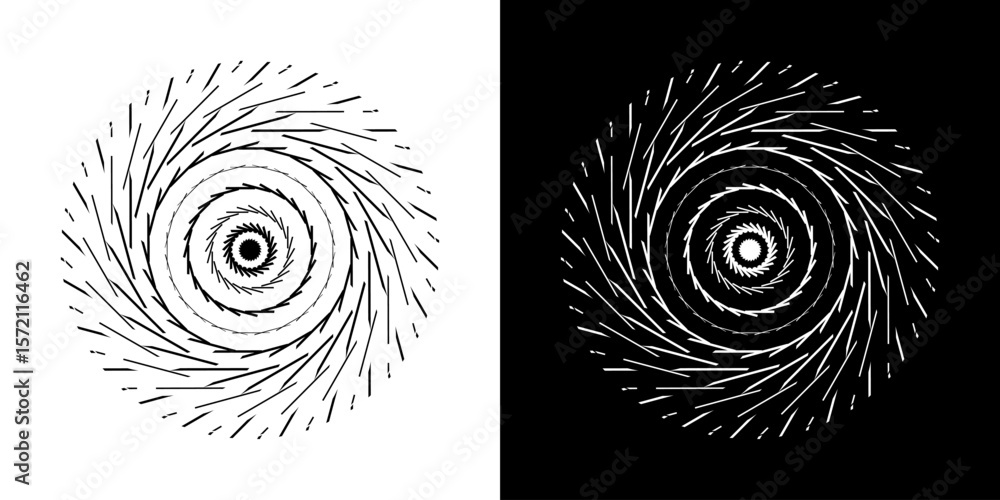 Aufkleber Abstract background with line pattern forming circle. Spiral art design as logo or icon. Black lines on white background and same white lines on black side. Mandala with line pattern.
