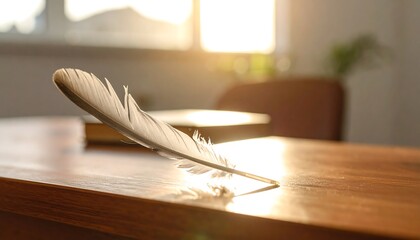 Feather on wooden table, sunlit