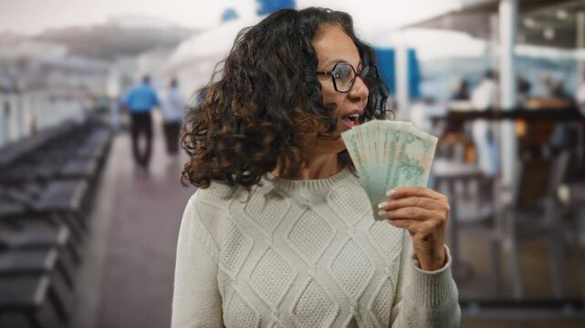 Woman smiling on boat holding uae dirhams in port setting showing thumbs up outdoors indicating happiness and success.