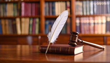 Feather quill, law book, gavel on wooden table, library