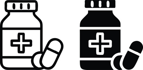 Medicine Bottle Icon Set, Black and White Vector, Pill Pharmacy Silhouette Outline Illustration