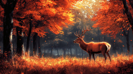 Deer Feeding in a Colorful Fall Woodland Scene