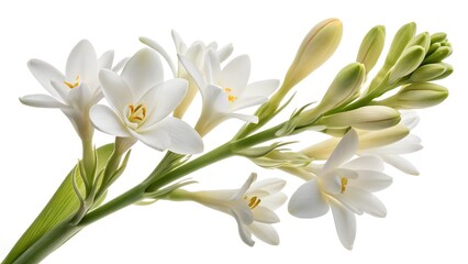 Fototapeta premium A sprig of tuberose flowers blooms with white petals and green buds