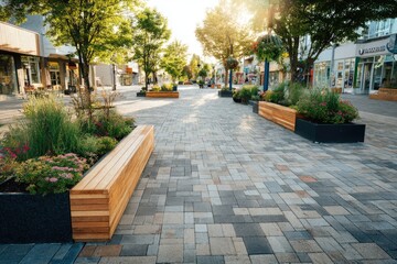 Urban walkway lined with benches and planters