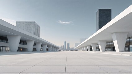 A modern cityscape view featuring white buildings and a skyline under a clear sky on a sunny day