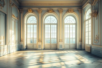Interior view of a grand room with arched windows and marble floor bathed in sunlight streaming through
