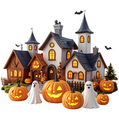 Autumn farm property illustration with a cartoon halloween pumpkin house icon
