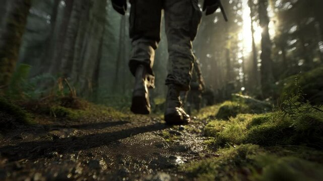 Army troops in camouflage walking through a dense forest towards the sunlight, nature landscape