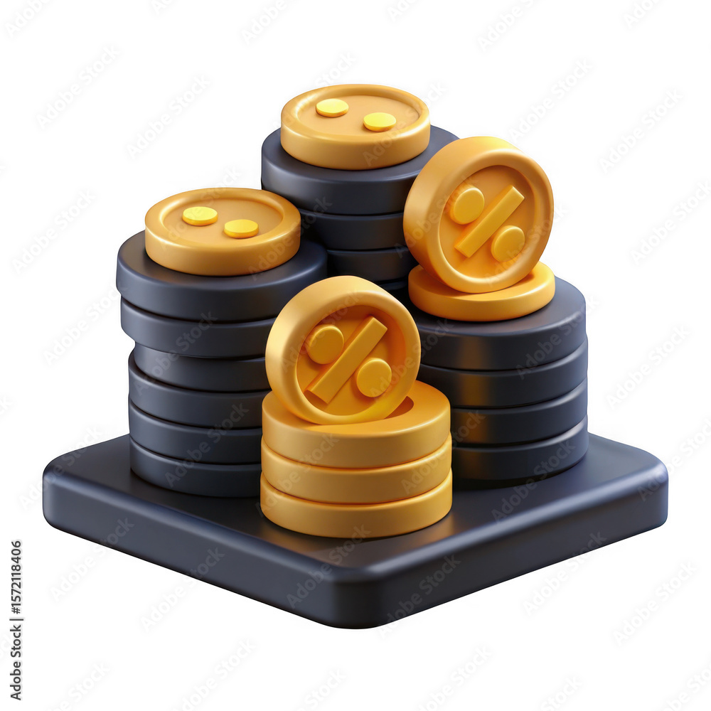 Poster golden coins with percentage symbols stacked on platforms isolated on transparent background