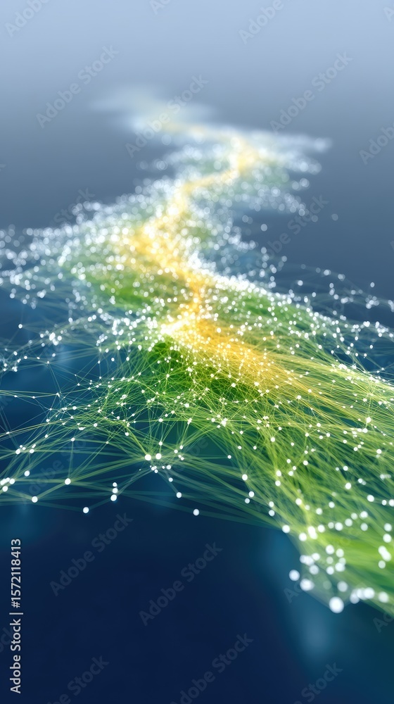Poster abstract ai network visualization: green and yellow glowing lines on blue background