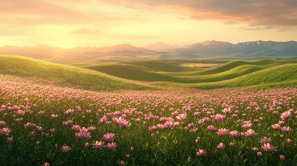 A field of pink flowers with rolling green hills and mountains under a warm sunset sky landscape