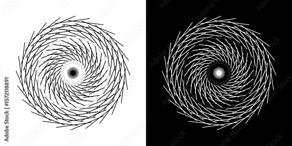 Aufkleber Abstract background with line pattern forming circle. Spiral art design as logo or icon. Black lines on white background and same white lines on black side. Mandala with line pattern.