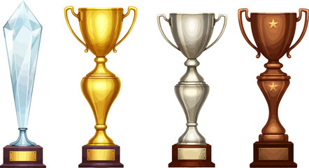 Trophy awards set vector illustration of gold silver and bronze trophies for competition and achievement