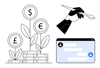 Hand painting above financial growth symbols with plants, currency icons, and chat interface. Ideal for finance, creativity, digital interaction, economy, teamwork, online communication simple