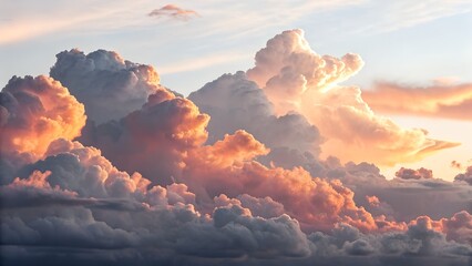 Dramatic cumulus clouds are illuminated by the setting sun in the sky