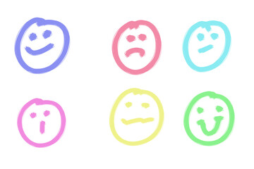 Pastel hand-drawn smiley face icons in various expressions for emotion-based designs, digital stickers, scrapbook, planner and social media highlights