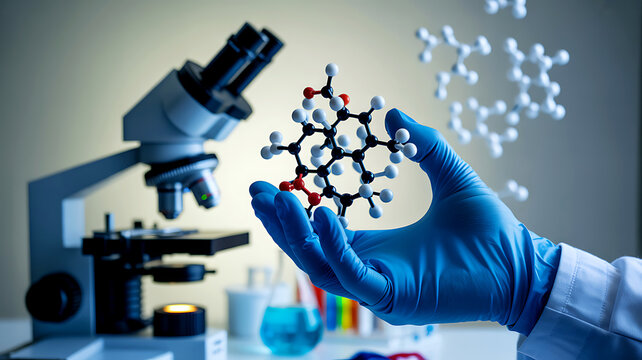 Gloved hand holding molecular model near microscope