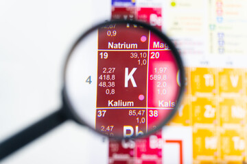 Close-up of Potassium (K) element appears enlarged under a magnifying glass with detailed atomic...