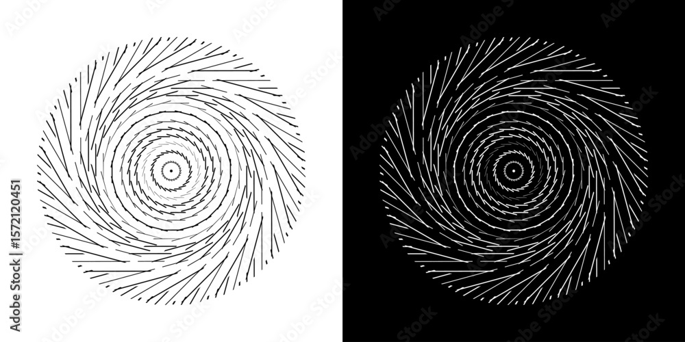 Aufkleber Abstract background with line pattern forming circle. Spiral art design as logo or icon. Black lines on white background and same white lines on black side. Mandala with line pattern.