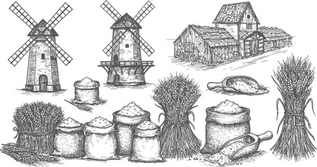 Vintage farm scene with windmills wheat and flour sacks hand drawn sketch vector illustration design