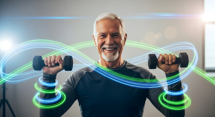 Elderly Fitness Portrait with Glowing Energy Lines – Wellness and Strength