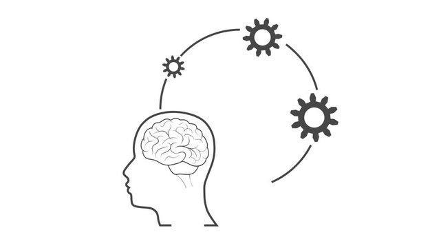 Process of solving, unleashing problems animation. From a complex problem to a simple business solution. Brainstorming video. Head with lamp and gears. Process of idea appearance.