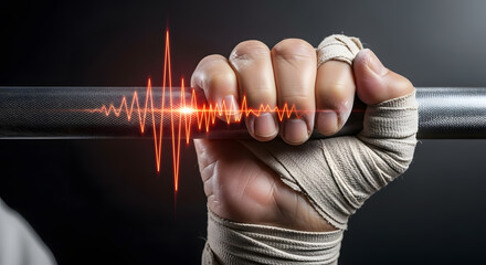 elderly hands gripping a workout bar, wrapped in athletic tape and light chalk