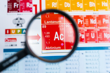 Close-up of Actinium (Ac) element appears enlarged under a magnifying glass with detailed atomic...