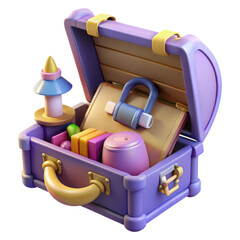 Open purple treasure chest filled with colorful toys and a lock, 3d render isolated on transparent background