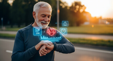 Senior Man Checking Smartwatch with Neon Health Interface – Fitness Tracking