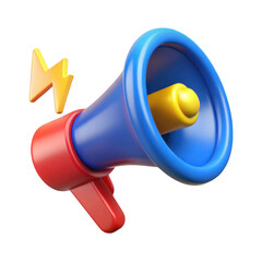 3d cartoon megaphone with lightning bolt isolated on transparent background