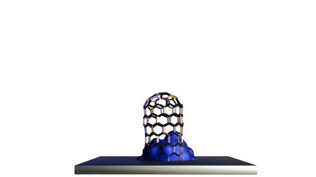 A 3D animation showing carbon nanotubes growing from catalyst particles on a surface during Chemical Vapor Deposition (CVD), specifically the base-growth model.