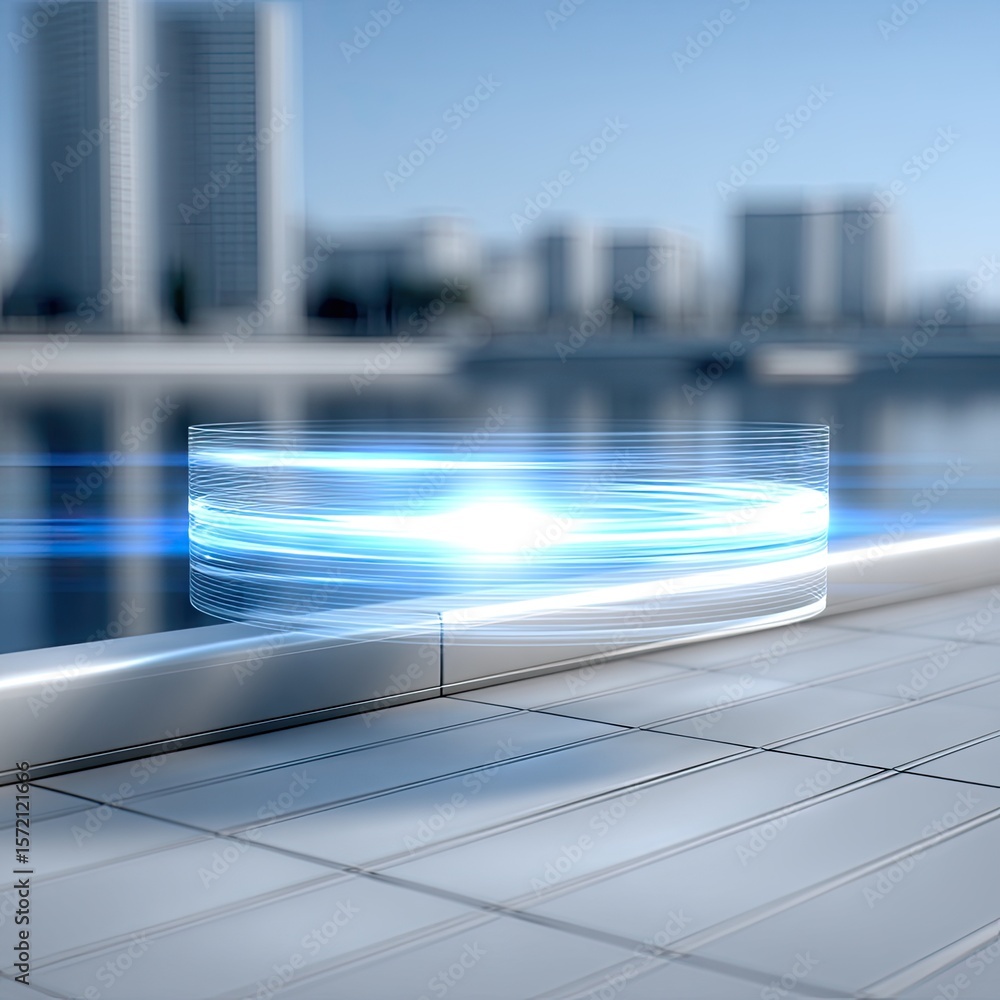Poster holographic communication array display hovering above cityscape