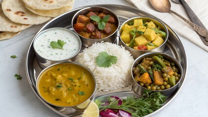 A delicious indian thali meal with rice and assorted curries