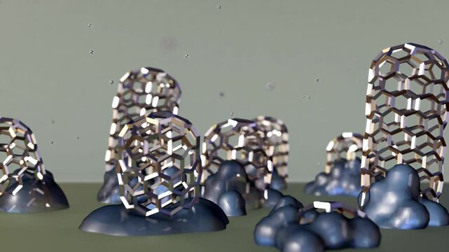 A 3D animation showing carbon nanotubes growing from catalyst particles on a surface during Chemical Vapor Deposition (CVD), specifically the base-growth model.