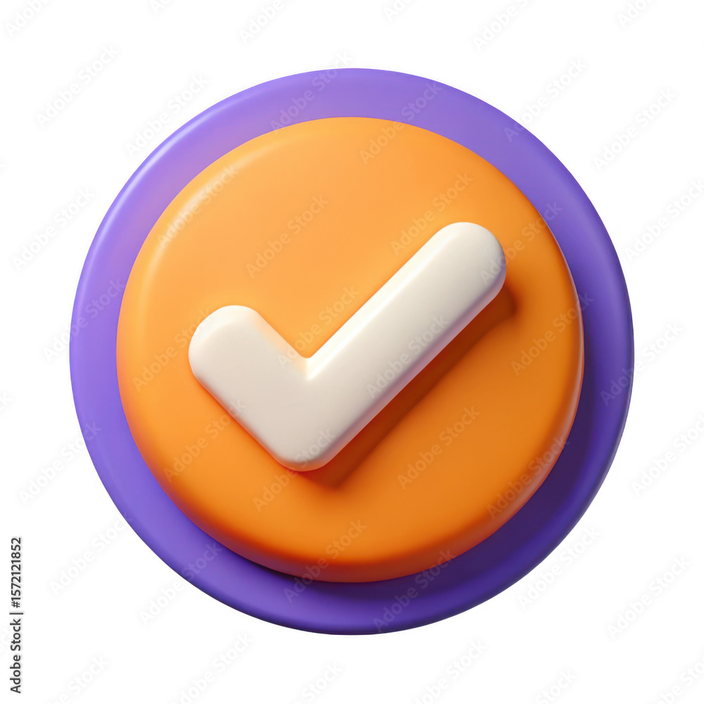 Poster 3d render of check mark icon in orange and purple isolated on transparent background