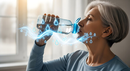 Senior Woman Rehydrating with Neon Water Energy Effects