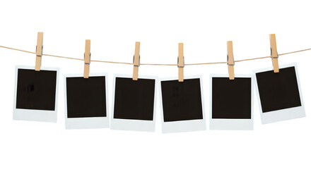 A row of six Polaroid frames hanging on a rope with clothespins, evoking nostalgia and simple moments. Isolated on white or transparent background. PNG format.