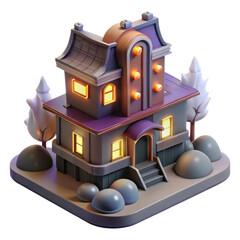 Stylized isometric 3d model of a charming illuminated house with unique architectural features isolated on transparent background