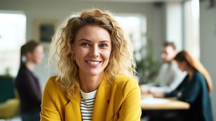 Obraz premium Business themed, A portrait of a woman sitting at a table at work with a group of people on the background
