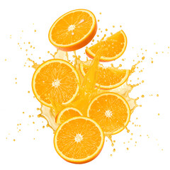 Fresh orange slices falling into a splash of vibrant orange juice isolated on white or transparent background. PNG format.