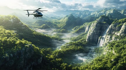 Fototapeta premium A helicopter is flying over a lush green forest