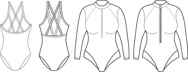Women’s swimsuit fashion flat sketch, front and back bodysuit design, long sleeve zipper detail, strappy one-piece technical illustration