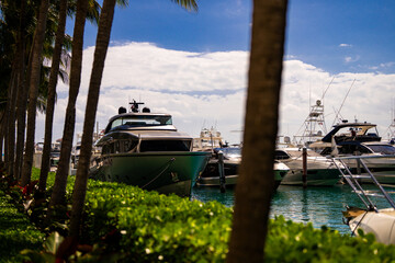 Yacht sailing on sea waters. Luxury superyacht at sea. Miami Beach with yachts. Seascape with a...