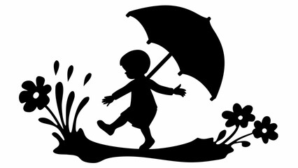 Silhouette of a child with an umbrella walking through flowers and puddles in a playful scene outdoors