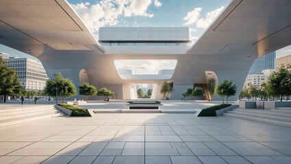 Futuristic architecture with white concrete and green trees in an urban environment under a cloudy sky