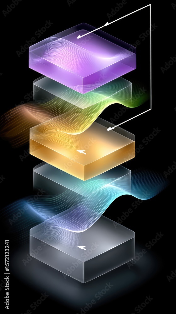 Poster abstract data flow diagram with layered cubes and arrows