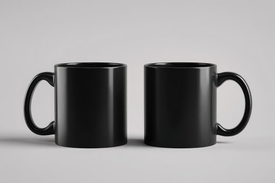 Two identical black mugs, side-by-side, on a neutral backdrop