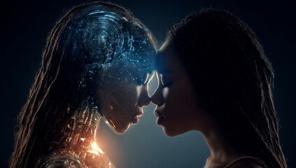 Futuristic Female Robots Facing Each Other in Dark Background with Digital Technology Elements